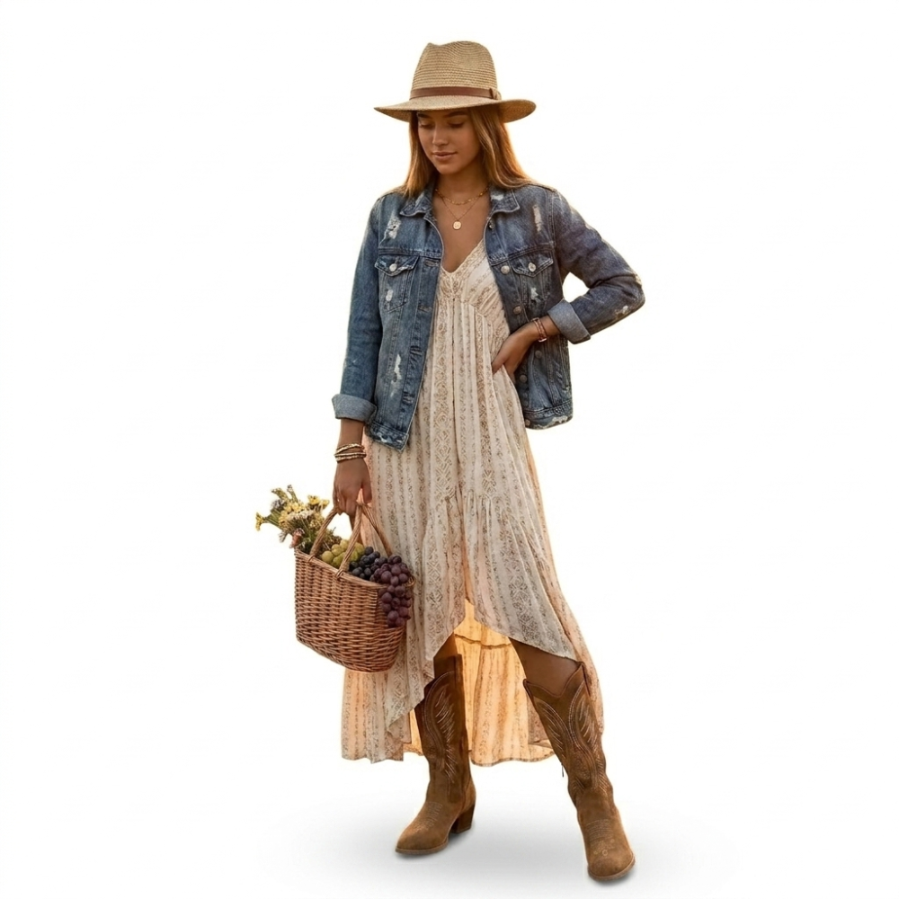 Women’s Suede Cowboy Boots – Pattern Western Style with Block Heel