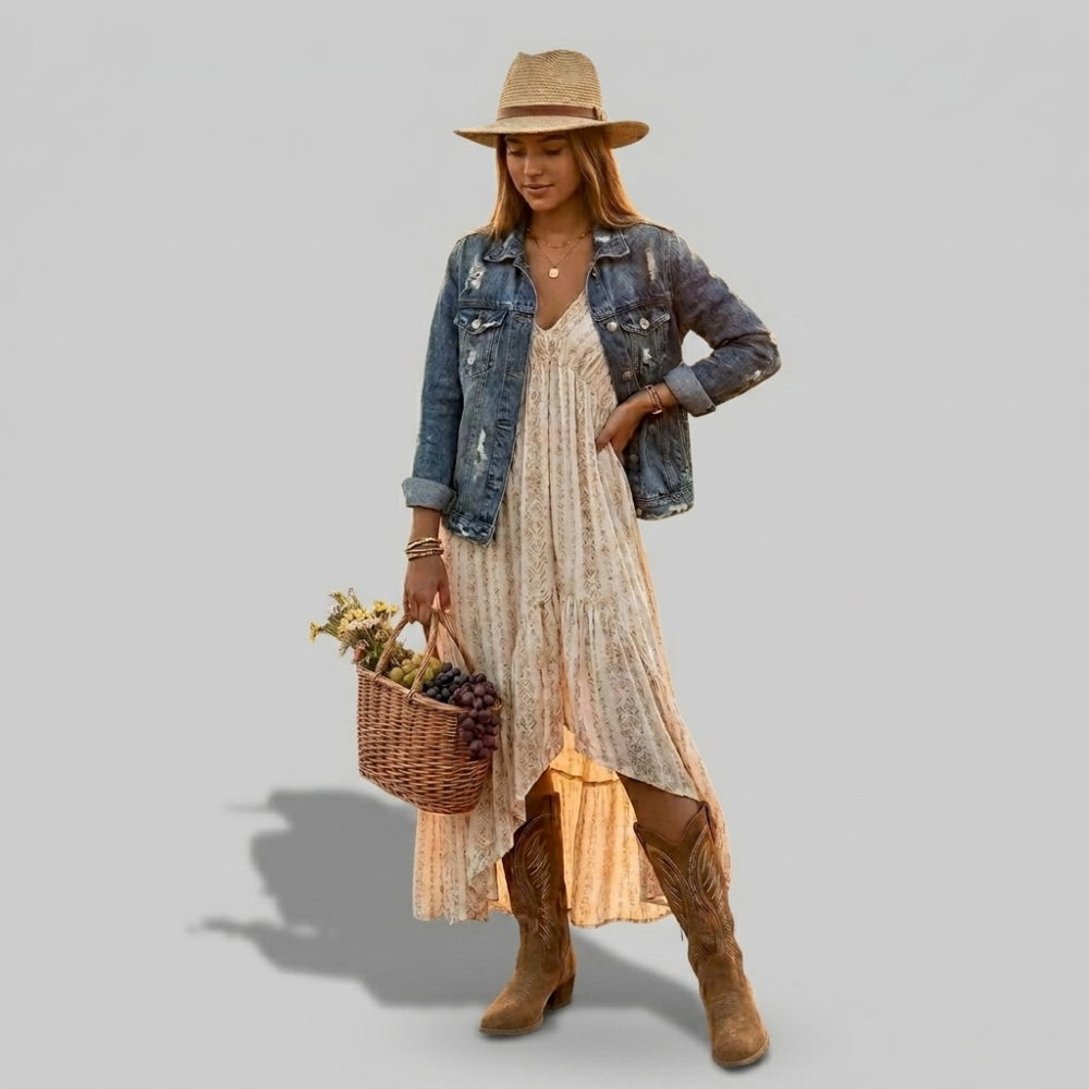 Women’s Suede Cowboy Boots – Pattern Western Style with Block Heel