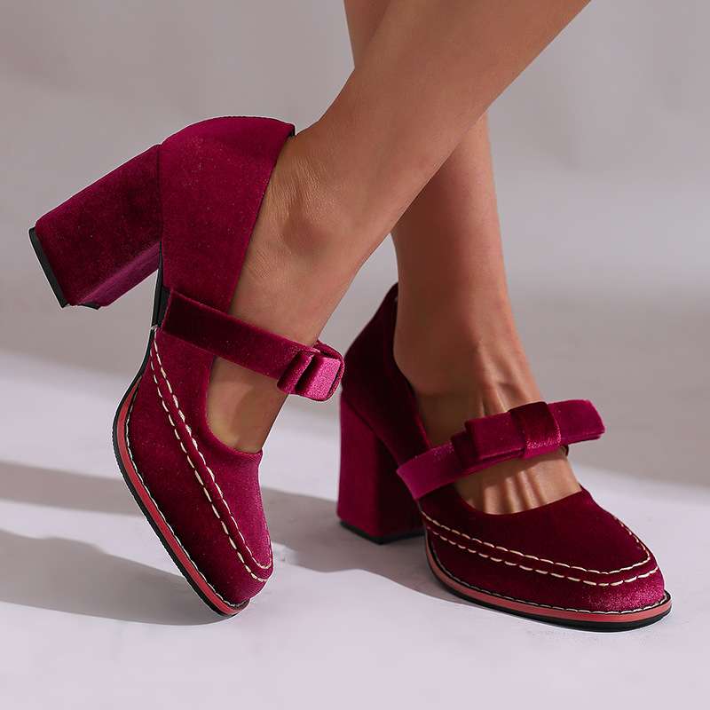 Women's Mary Jane Heels, Velvet Platform Block Heel Pumps – Bow Strap