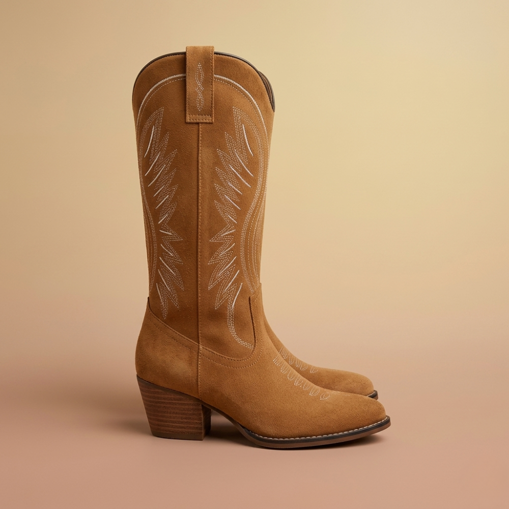 Women’s Suede Cowboy Boots – Pattern Western Style with Block Heel