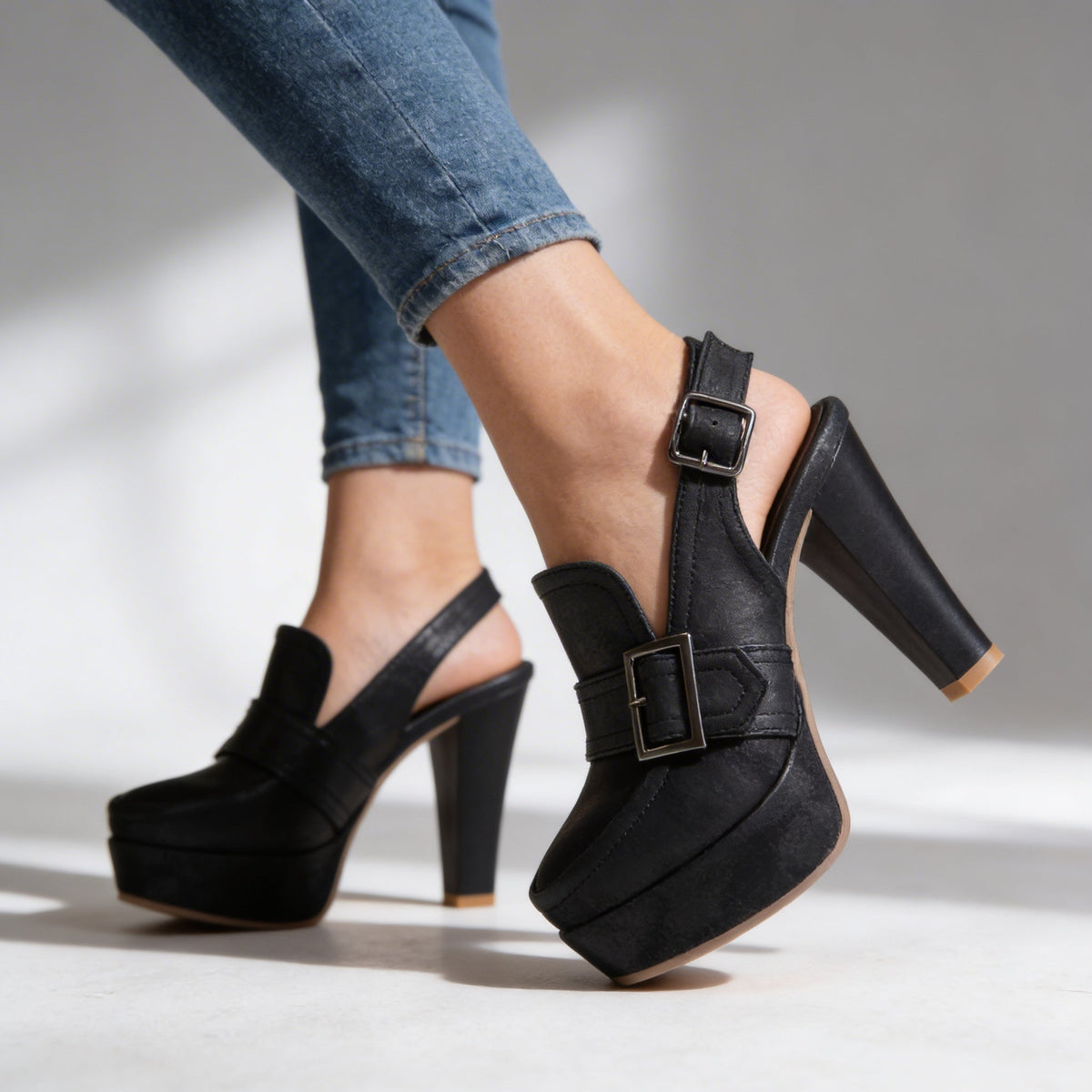 Women's Slingback Heels, Platform Loafer Block Heels – Buckle Strap, Brown
